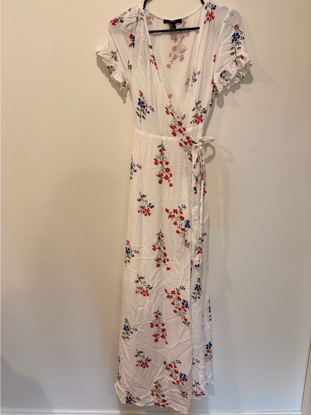 Forever 21 White Wrap Maxi Dress with Red & Blue Floral Print